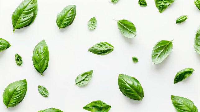 A seamless pattern of flying basil leaves against a white background showcases their vibrant green color and aromatic nature. Ideal for culinary designs, menu backgrounds, or organic product advertisi