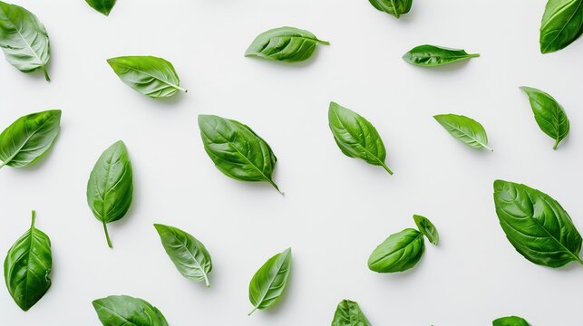 A seamless pattern of flying basil leaves against a white background showcases their vibrant green color and aromatic nature. Ideal for culinary designs, menu backgrounds, or organic product advertisi