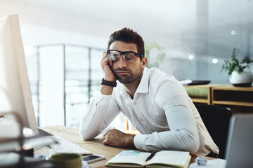 Man, sleeping and office for employee burnout, tired finance consultant and project mistake or...
