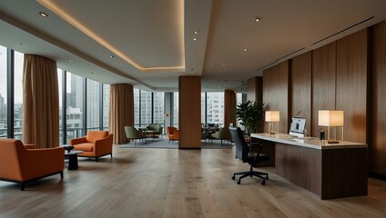 Modern hotel interiors with bright office spaces and sleek design.