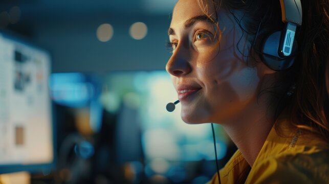 Online customer service representative engaging with clients via computer, providing telemarketing support and assistance in a positive work environment