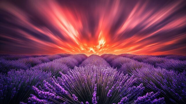   A field of lavenders bathed in the golden light of a sunset, with the sun positioned perfectly at the center, casting a warm glow on everything while soft clouds decorate the back