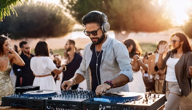  A DJ mixes songs at an outdoor wedding reception while guests dance and celebrate.