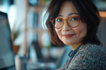 Woman assisting client at a computer with mortgage loans, insurance, or financial account support. Joyful consultant providing investment guidance in a professional setting