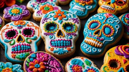Calavera Catrina styled cookies with sugar skulls traditionally made for the Day of the Dead festival