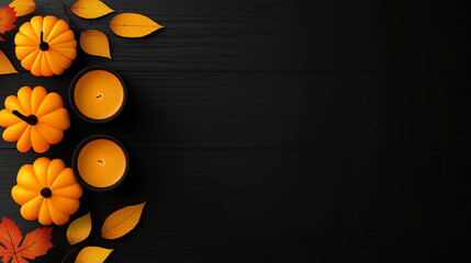 Fototapeta premium ozy autumn arrangement with orange candles, pumpkin, and colorful fall leaves on dark background perfect for Thanksgiving, Halloween, or seasonal greeting card designs