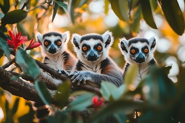 Fototapeta premium Three ring tailed lemurs sitting on a branch