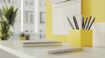 A bright workspace featuring a yellow pencil holder and a calendar on a sunny day