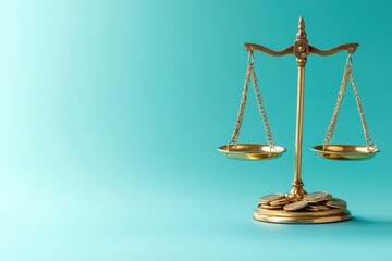 Golden scales of justice on a turquoise background, symbolizing balance and fairness in legal matters.