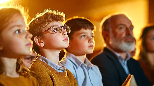 A group of children sitting with their parents during Shabbat services, observing quietly while the rabbi reads from the Torah