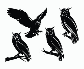 Obraz premium Owl bird silhouette editable EPS vector isolated illustration template on a white background