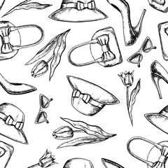 Fototapeta premium Seamless pattern with tulips and women's accessories, women's shoes, hat, bag and sunglasses. Black and white vector graphics made by hand. Illustration on a white background. For packages and labels.