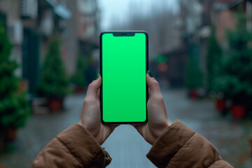 Mobile phone with green screen chromakey in hand against city street background; evening lights