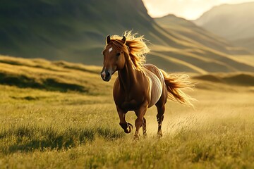 Obraz premium Powerful brown horse running free in a green meadow at sunset