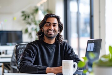 Fototapeta premium Happy male entrepreneur using a laptop, contemplating digital marketing strategies or business deals in a professional office setting