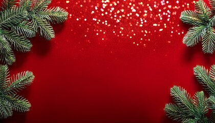 Roter weihnachts hintergrund mit kleinen glitzer bokeh und tannenzweigen an der seite
