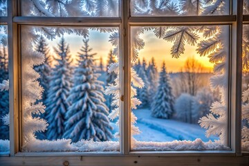 Frosted window overlooking snowy forest at sunrise