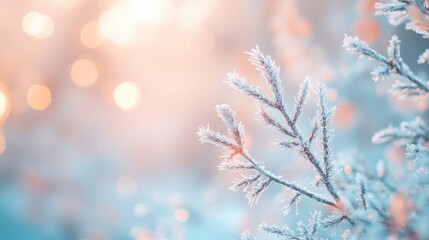 Delicate branches, adorned with shimmering frost, catch the warm glow of winter sunlight. The serene ambiance evokes a peaceful, magical atmosphere, highlighting nature's beauty in the cold season