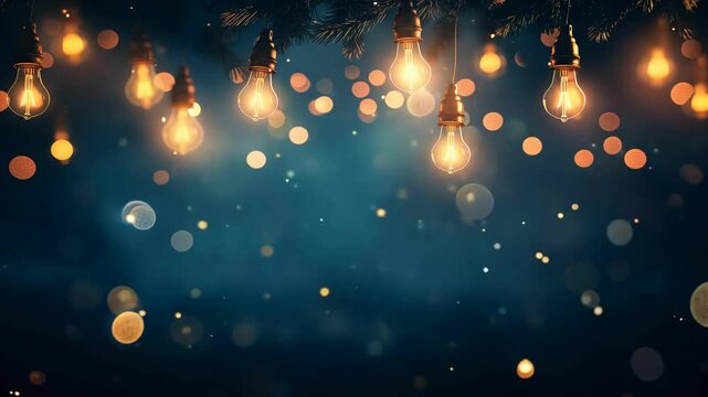 Glowing string lights are hanging on a fir tree branch, creating a magical christmas atmosphere with a blurred sparkling background