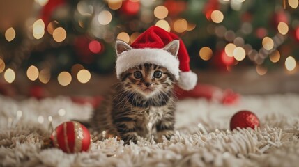Obraz premium Festive Kitten Wearing Santa Hat with Christmas Decorations