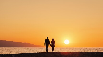 Fototapeta premium A couple walking hand-in-hand on a beach during a sunny Sunday sunset, Sunday love, romantic weekend