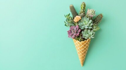  A cone-shaped arrangement of succulents and cacti on a blue background with a green background