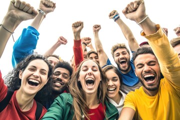 A group of people rejoicing and celebrating, arms raised in excitement