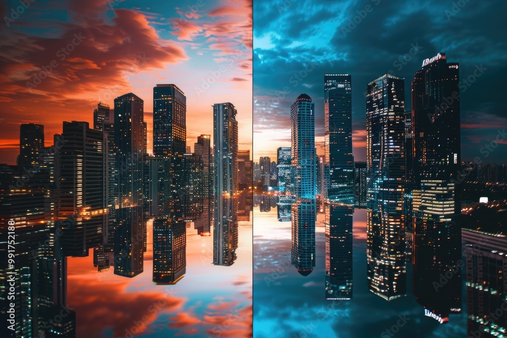 Poster a city landscape with contrasting views of day and night, suitable for use in urban planning or arch