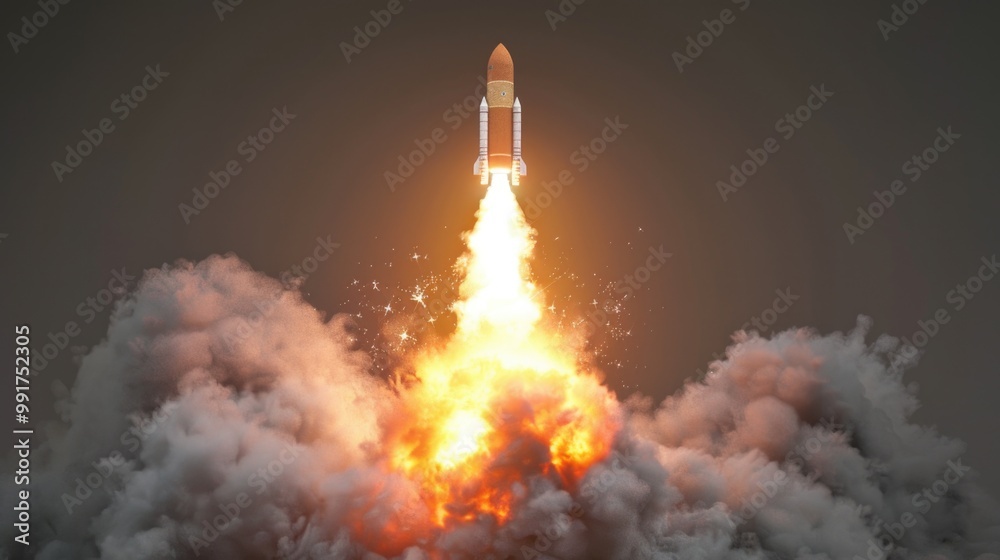 Poster a space shuttle soaring through the sky with clouds and blue atmosphere