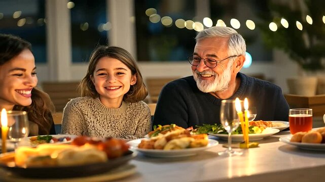 A Hanukkah dinner where a multi-faith family gathers, celebrating Jewish and non-Jewish traditions together