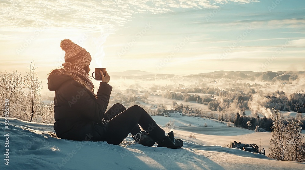 Canvas Prints   A person sipping coffee on a snow-covered slope while admiring distant mountains