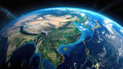 A view of Asia from space, useful for infographics and presentations about geography and travel