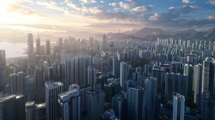 Aerial view of modern city skyline with high-rise buildings under a blue sky. Urban planning and architecture concept. Design for wallpaper, poster, and banner.