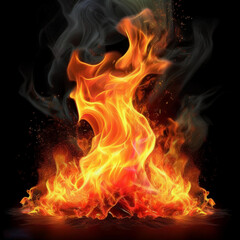 Fototapeta premium Realistic burning fire flames with shiny bright elements. Isolated on black background.