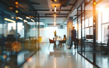 Blurred office interior with glass partitions and modern lighting. Corporate environment and workplace design concept. Design for wallpaper, poster, and banner.