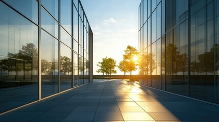 Sun rays penetrate through a narrow passage between smooth glass modern structures, successful business concept