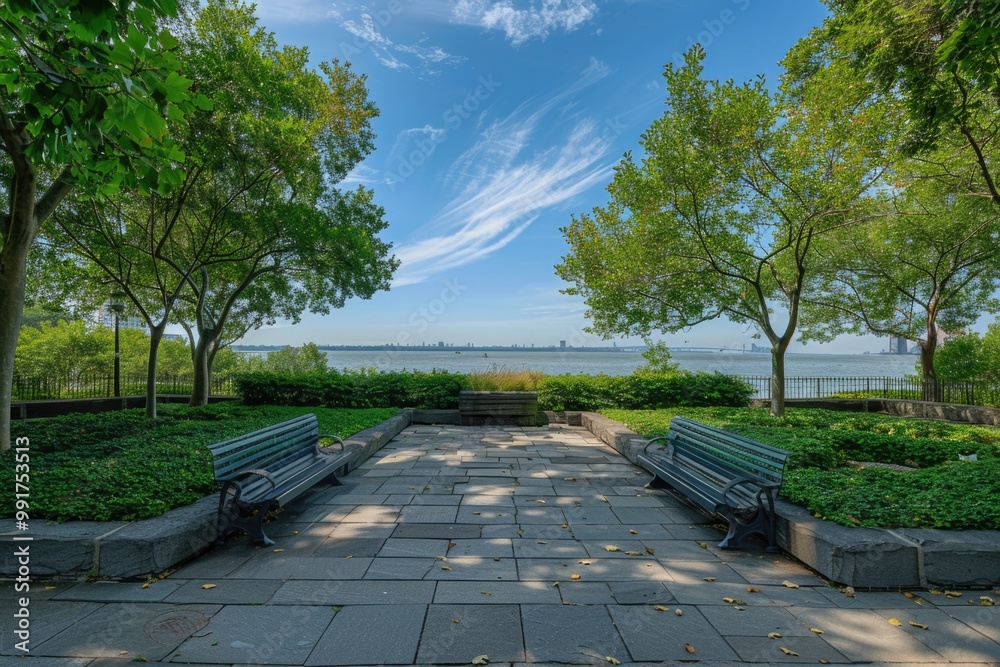 Poster two wooden benches sit side by side in a public park, perfect for resting and taking in the surround