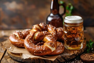 Freshly baked pretzels served with cold beer on a rustic wooden table, perfect for casual gatherings or outdoor events