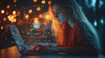 Focused woman typing on a laptop with glowing code overlay, representing technology, innovation, and digital design in a modern workspace.
