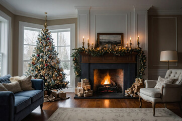 Christmas interior Christmas tree, fireplace and wrapped gifts.