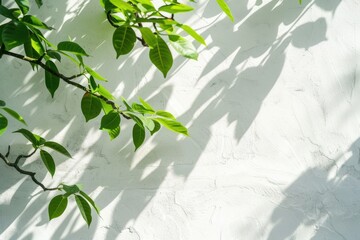 Green leaves casting shadows on a white textured wall in sunlight. Nature and minimalism concept. Design for wallpaper, poster, and invitation.