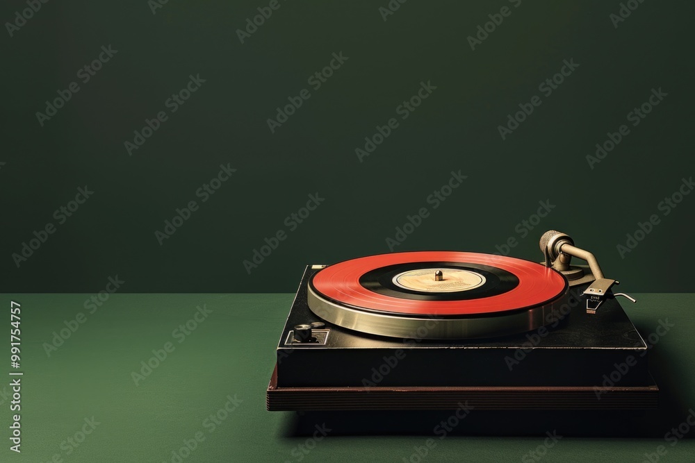 Aufkleber a vintage record player sits on top of a wooden table, ready for use