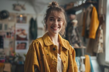Fototapeta premium A woman wearing a bright yellow jacket stands in a room, focused on her task