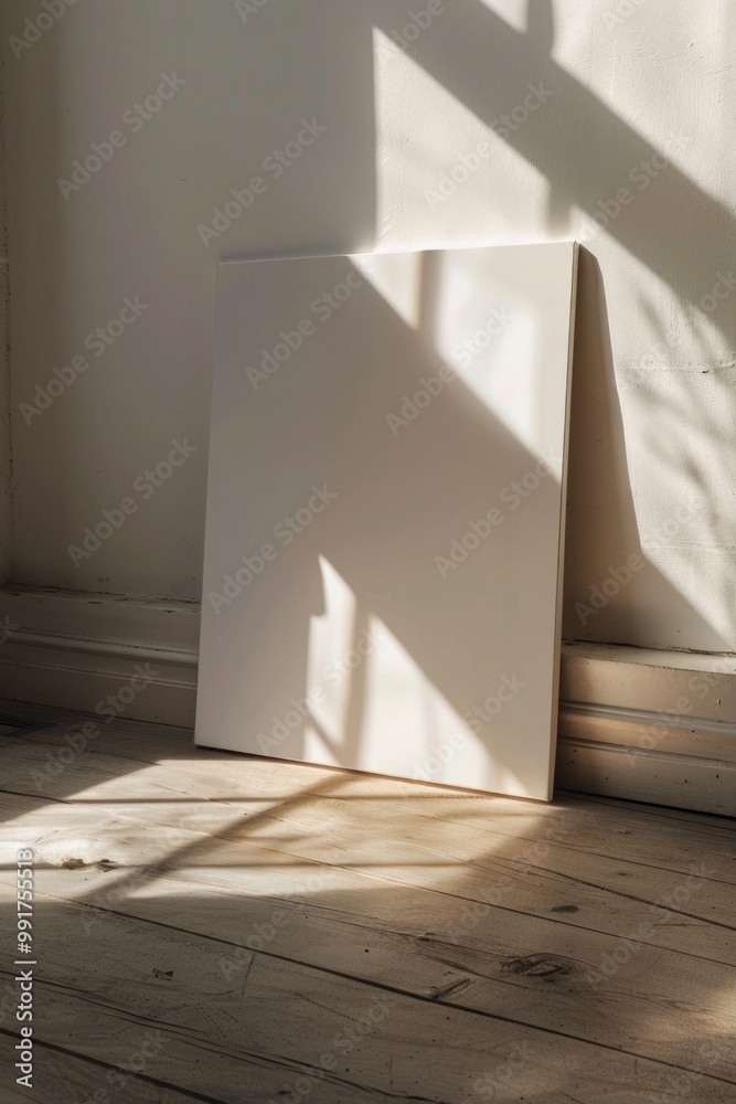 Poster a picture frame sitting next to a window on the floor, perfect for decorating or framing