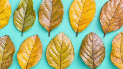 Obraz premium A cluster of varying hue foliage resting atop a cerulean backdrop, featuring a solitary verdant centerpiece