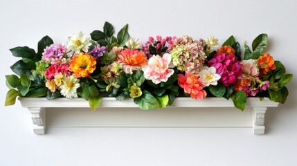 A charming white display shelf featuring an array of multicolored flowers and rich green leaves