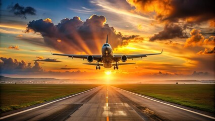 Naklejka premium destination, dusk, transportation, silhouette, airport, aircraft, orange, Airplane taking off from the airport runway during a captivating sunset captured in an engaging medium shot