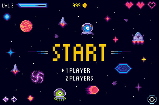 START screen with a retro pixel art style showing spaceships, stars, planets, and aliens. Includes start options for one or two players. Ideal for retro games, space themes, arcade interfaces, game