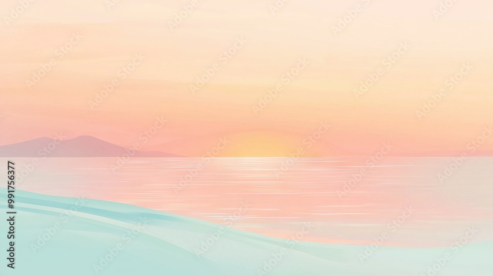 Poster   A painting of a sunset over a body of water with a mountain range in the background and the sun setting in the distance