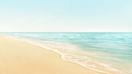 Obraz premium A painting of a tranquil beach with subtle sand footprints and an azure sky adorned with delicate cloud formations